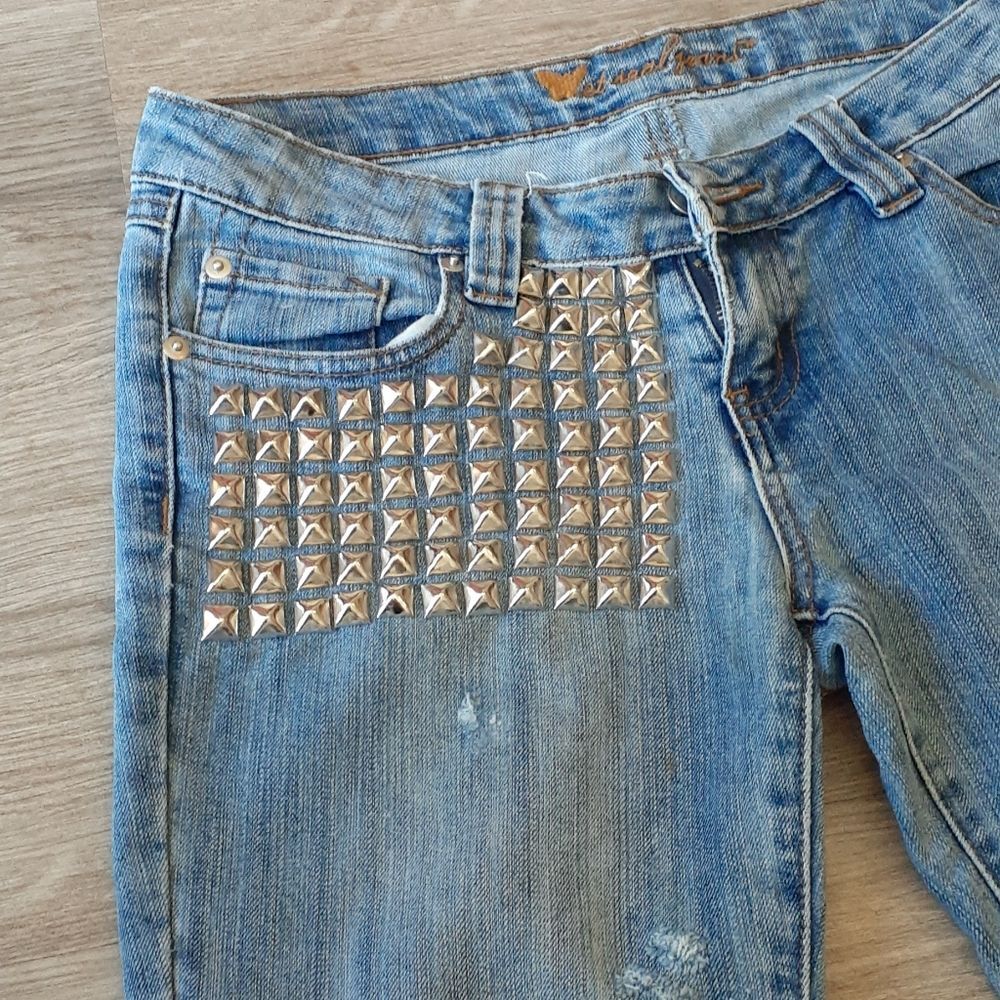Custom Silver Studded Jeans 28 x 32 Straight Leg - Picture 3 of 8
